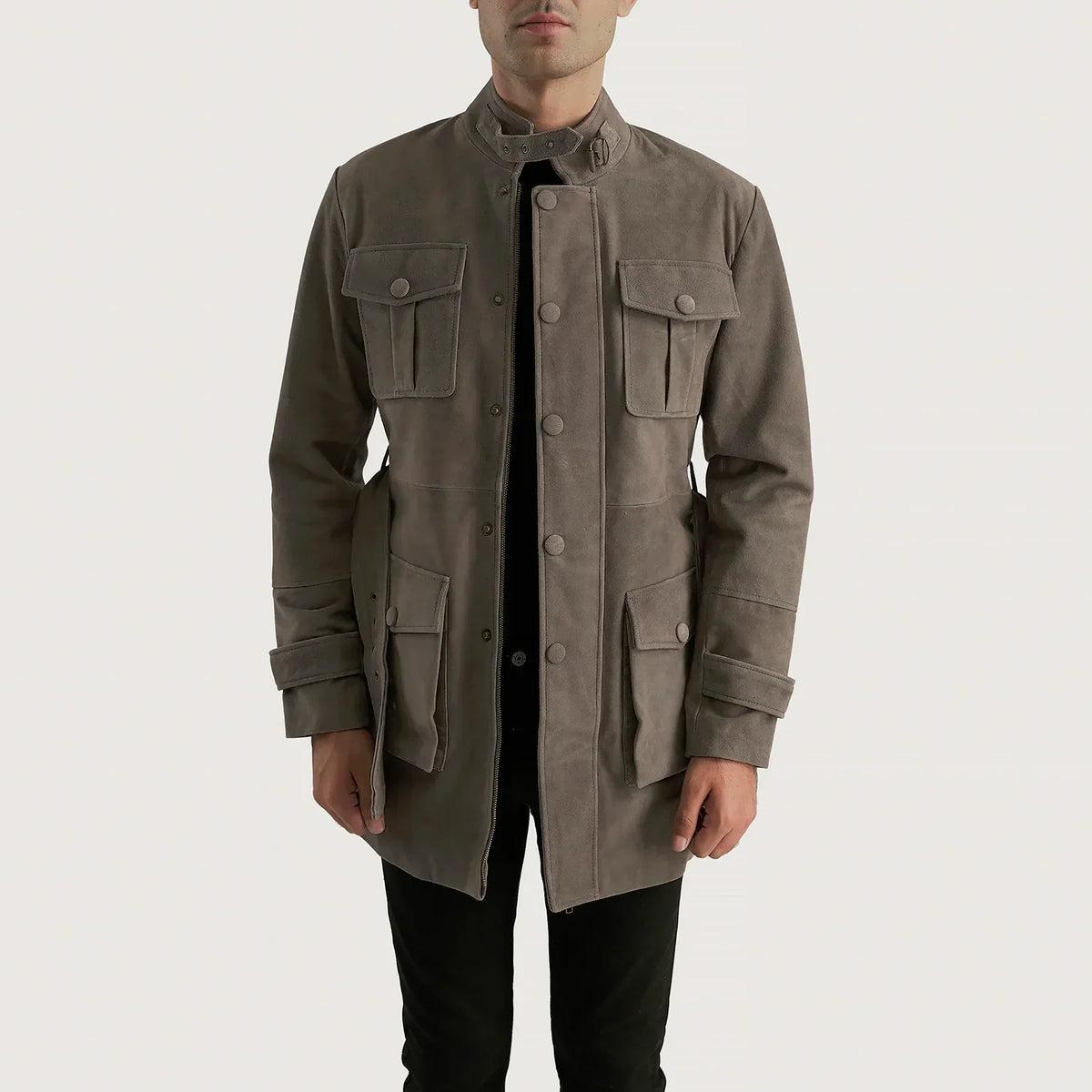 Dolf Grey スエードジャケット メンズ in Grey Cowhide Suede - Front Profile View &amp; Tailored Silhouette | Buy Online