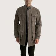 Dolf Grey スエードジャケット メンズ in Grey Cowhide Suede - Front Profile View &amp; Tailored Silhouette | Buy Online