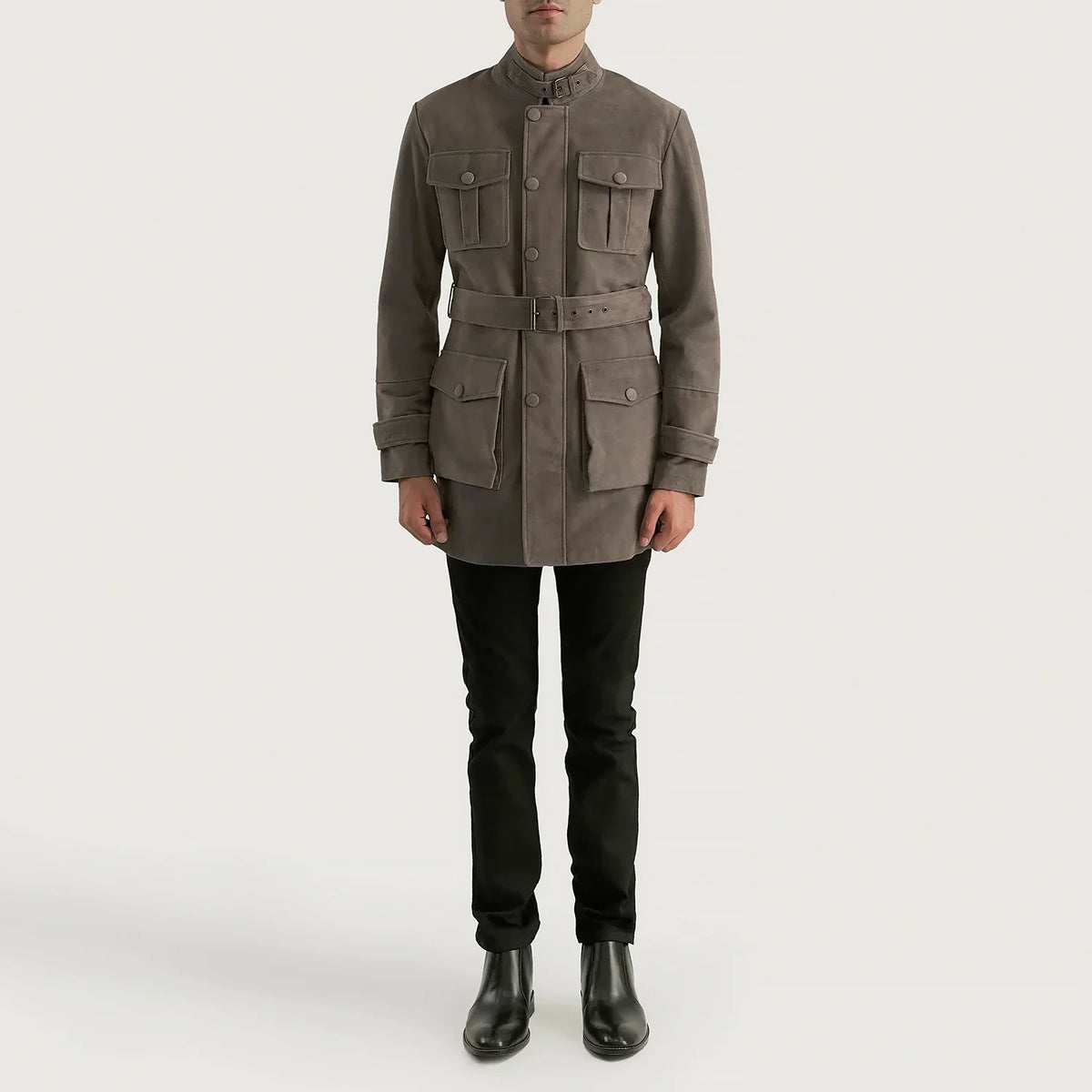 Dolf Grey スエードジャケット メンズ - Lateral Side Profile View Showing Sleeve Cut &amp; Athletic Taper Fit