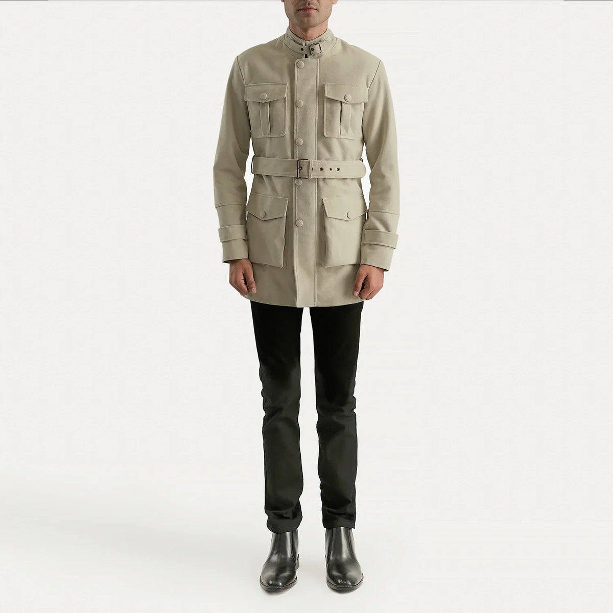 Dolf Off-White スエードジャケット メンズ - Lateral Side Profile View Showing Sleeve Cut &amp; Athletic Taper Fit