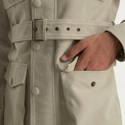 Close-Up Detail of High neck with Belt &amp; Snap button Hardware on Dolf Off-White スエードジャケット メンズ
