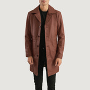 Don Long ブラウン レザーコート メンズ in Brown Cowhide Leather - Front Profile View &amp; Tailored Silhouette | Buy Online