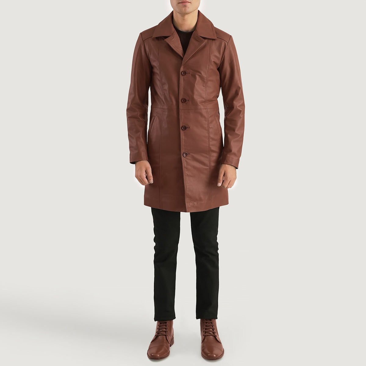 Don Long ブラウン レザーコート メンズ - Lateral Side Profile View Showing Sleeve Cut &amp; Athletic Taper Fit