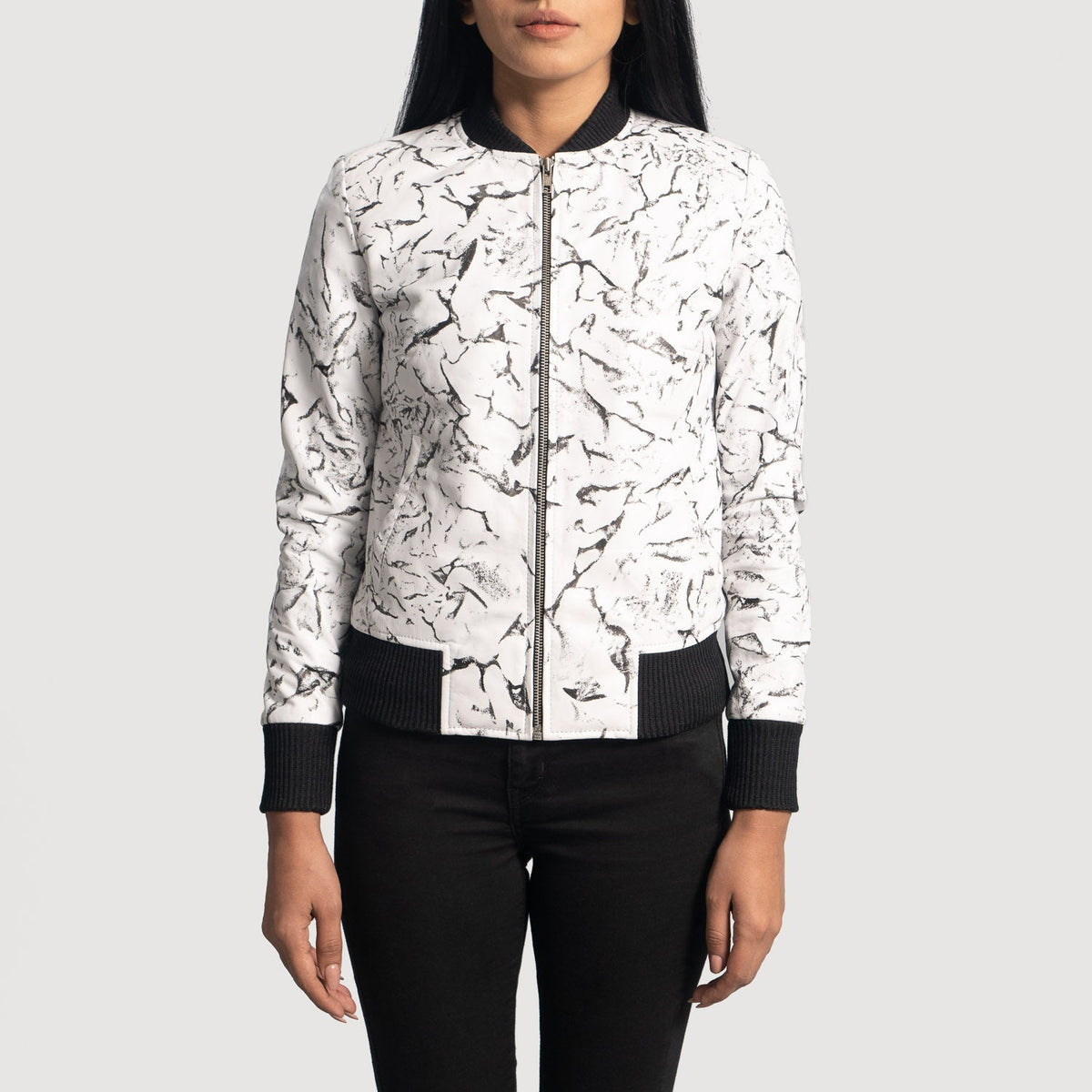 Women's Donna Blake White レザーボンバージャケット レディース in White Sheepskin Dip &amp;Amp; Dye - Front Profile View &amp; Tailored Silhouette | Buy Online