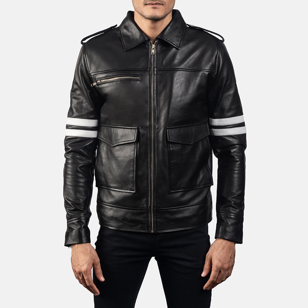 Dragonhide ブラック レザージャケット メンズ in Black Sheepskin Leather - Front Profile View &amp; Tailored Silhouette | Buy Online