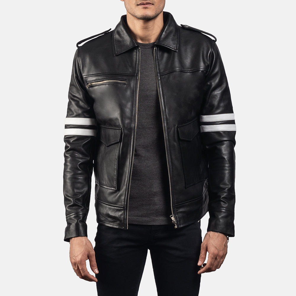 Dragonhide ブラック レザージャケット メンズ - Lateral Side Profile View Showing Sleeve Cut &amp; Athletic Taper Fit