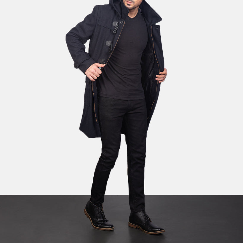 Drake ブラック Wool Hooded Duffle レザーコート メンズ