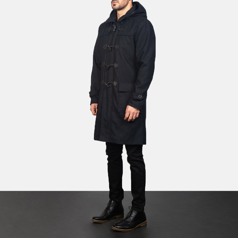Black Synthetic Wool Trench Coat - 美しい肩のラインと裾の仕立てが際立つ背面ビュー