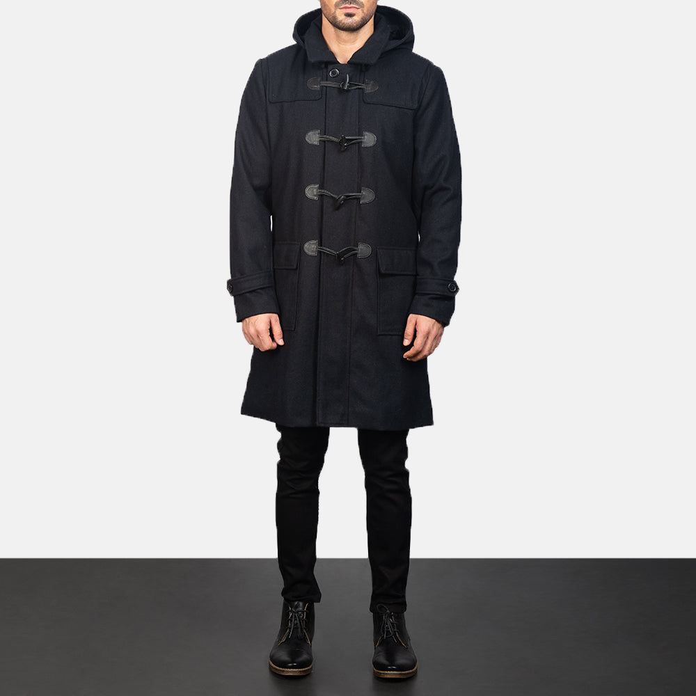 クローズアップ詳細 of Shirt with Removable Hood & Toggle Buttons with Placket & Zipper Hardware on Drake Black Wool Duffle Coat