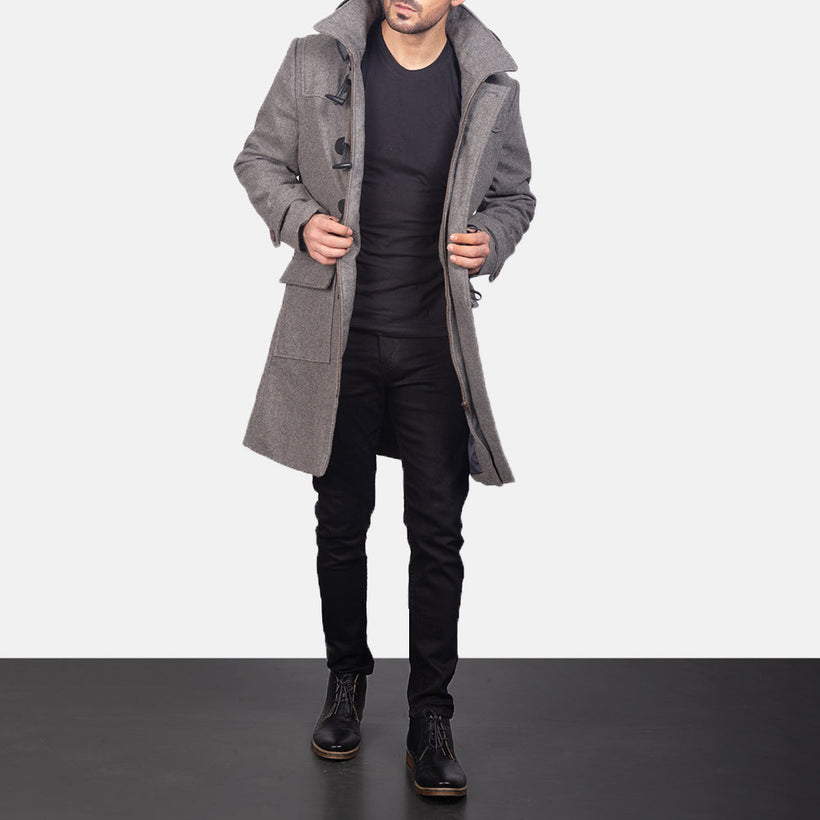 Drake Grey Wool Hooded Duffle レザーコート メンズ