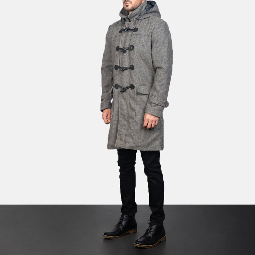 Drake Grey Wool Hooded Duffle レザーコート メンズ
