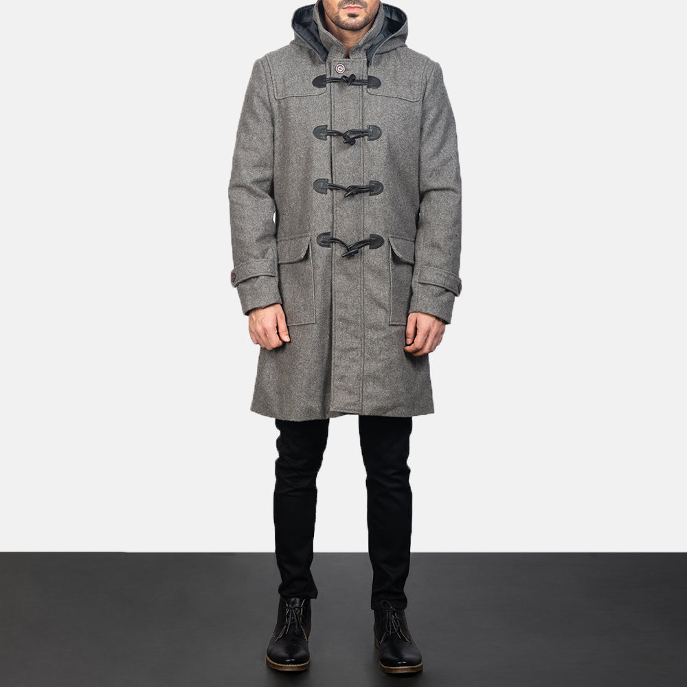 Grey Wool Duffle Coat - 袖の立体カッティングと洗練されたテーパードフィットを見せる側面ビュー