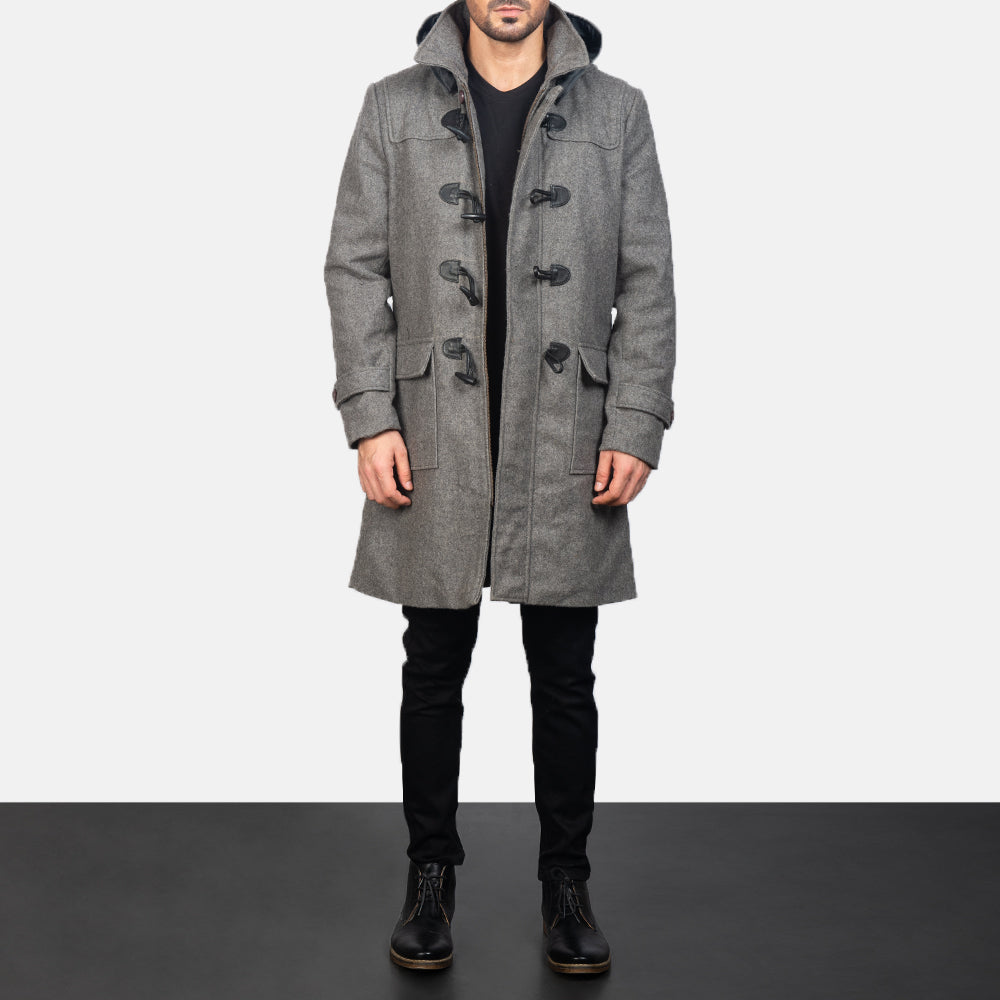 クローズアップ詳細 of Shirt with Removable Hood & Toggle Buttons with Placket & Zipper Hardware on Grey Wool Duffle Coat
