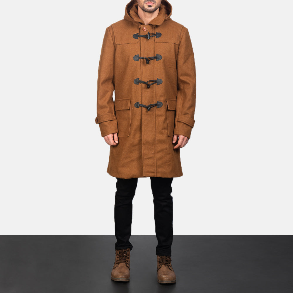 クローズアップ詳細 of Shirt with Removable Hood & Toggle Buttons with Placket & Zipper Hardware on Drake Khaki Wool Duffle Coat