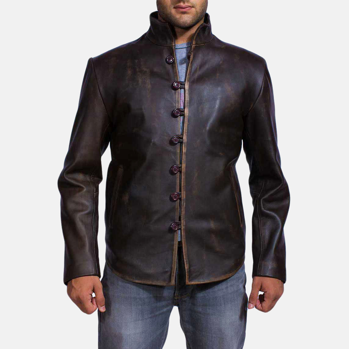 Men's Drakeshire ブラウン レザージャケット メンズ in Distressed Brown Goatskin Leather - Front Profile View &amp; Tailored Silhouette | Buy Online
