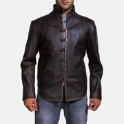 Men's Drakeshire ブラウン レザージャケット メンズ in Distressed Brown Goatskin Leather - Front Profile View &amp; Tailored Silhouette | Buy Online