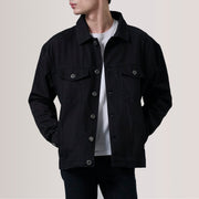 Eddie ブラック Oversized Denim Trucker レザージャケット メンズ For Men in Black Full-Grain Leather - Front Profile View &amp; Tailored Silhouette | Buy Online
