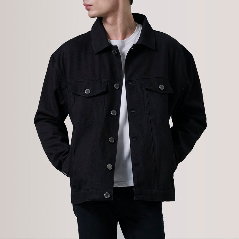 Eddie ブラック Oversized Denim Trucker レザージャケット メンズ