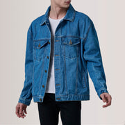 
Eddie Dark ブルー Oversized Denim Trucker レザージャケット メンズ For Men in Dark Blue Full-Grain Leather - 正面スタイル＆テーラードシルエット | 公式オンライン通販