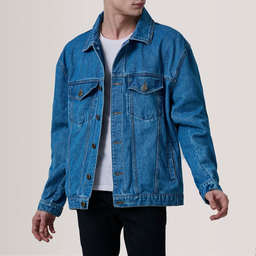 Eddie Dark ブルー Oversized Denim Trucker レザージャケット メンズ