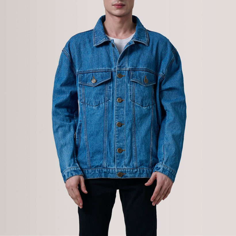 Eddie Dark ブルー Oversized Denim Trucker レザージャケット メンズ