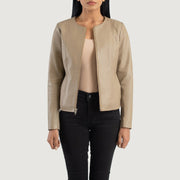 
Elixir Beige Collarless Leather Jacket in Beige Sheepskin Leather - 正面スタイル＆テーラードシルエット | 公式オンライン通販