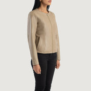 
Beige Sheepskin Leather Biker Jacket - 美しい肩のラインと裾の仕立てが際立つ背面ビュー
