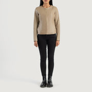 
Elixir Beige Collarless Leather Jacket - 袖の立体カッティングと洗練されたテーパードフィットを見せる側面ビュー