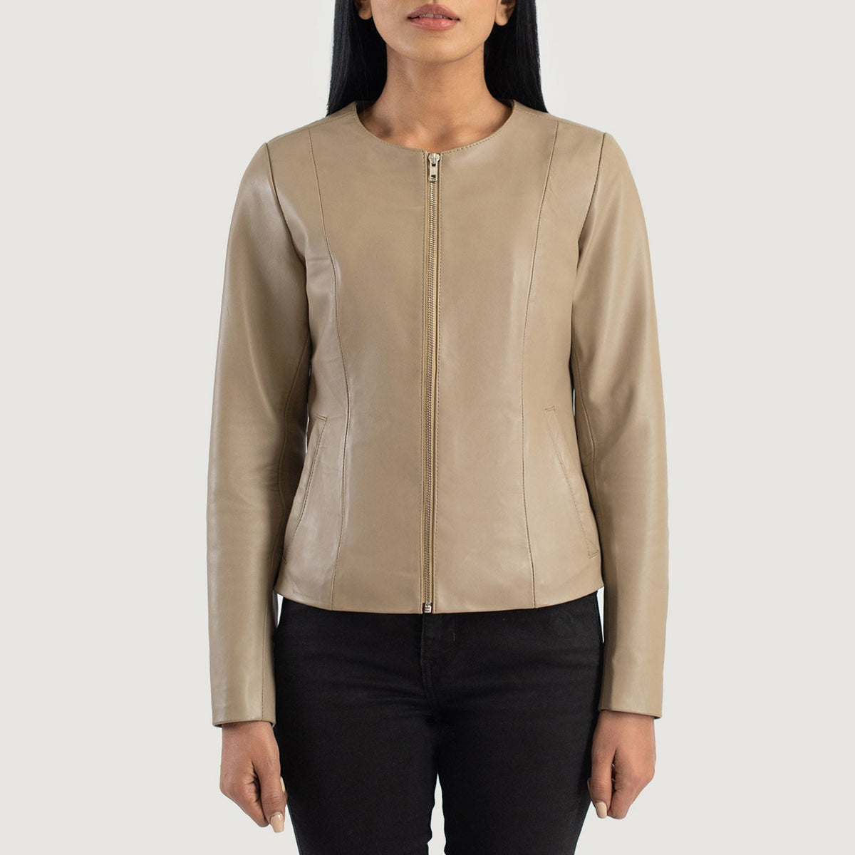 
クローズアップ詳細 of Collarless & Zipper Hardware on Elixir Beige Collarless Leather Jacket