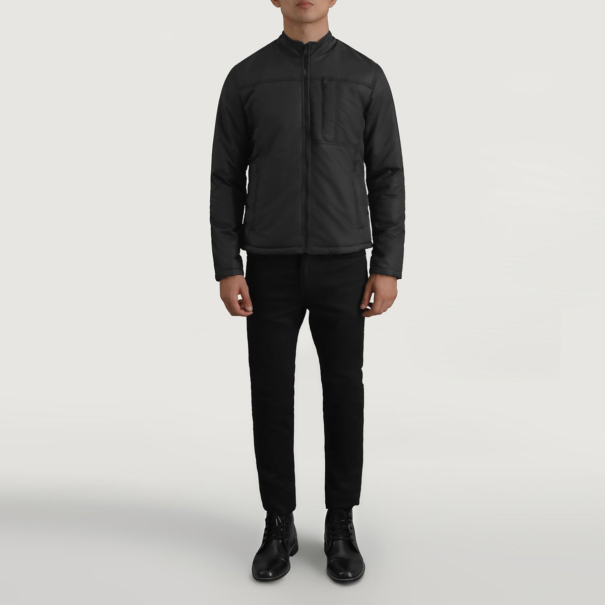 Elliot ブラック Lightweight レザージャケット メンズ - Lateral Side Profile View Showing Sleeve Cut &amp; Athletic Taper Fit
