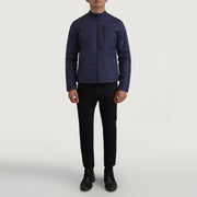 Elliot ブルー Lightweight レザージャケット メンズ - Lateral Side Profile View Showing Sleeve Cut &amp; Athletic Taper Fit