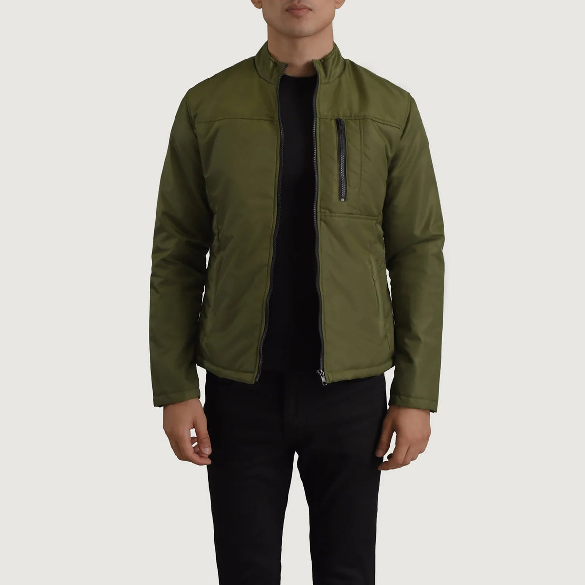 Elliot グリーン Lightweight レザージャケット メンズ in Green Full-Grain Leather - Front Profile View &amp; Tailored Silhouette | Buy Online