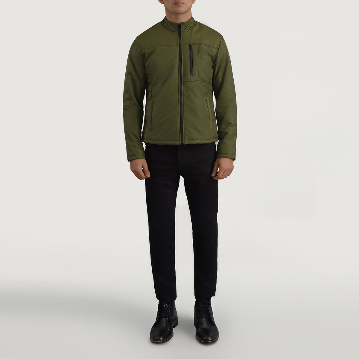 Elliot グリーン Lightweight レザージャケット メンズ - Lateral Side Profile View Showing Sleeve Cut &amp; Athletic Taper Fit