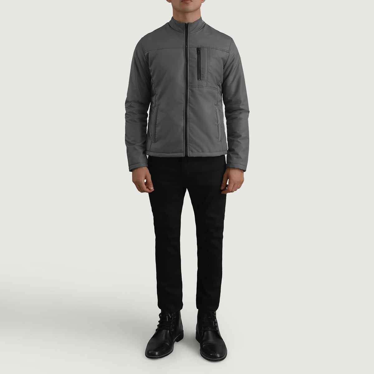 Elliot Grey Lightweight レザージャケット メンズ - Lateral Side Profile View Showing Sleeve Cut &amp; Athletic Taper Fit