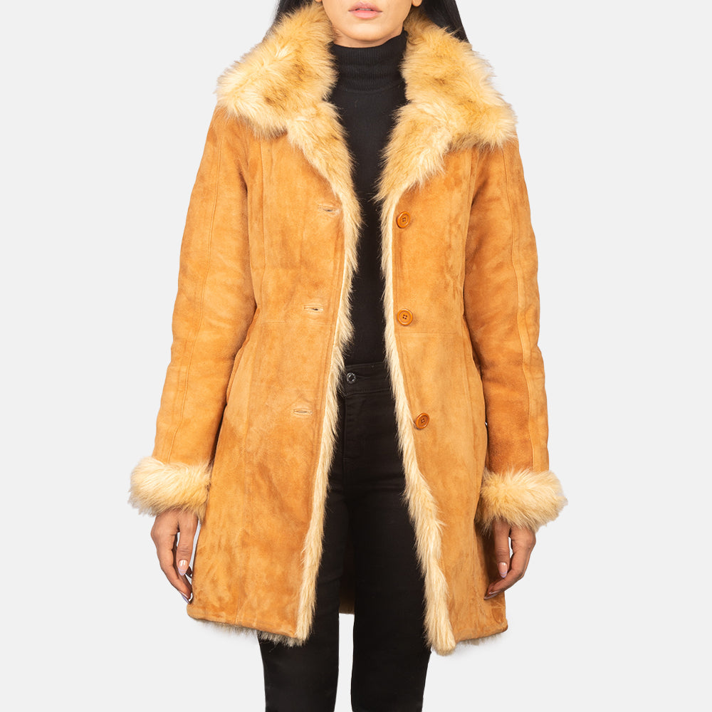 
Erica Beige Leather Coat in Distressed Beige Goatskin Suede - 正面スタイル＆テーラードシルエット | 公式オンライン通販