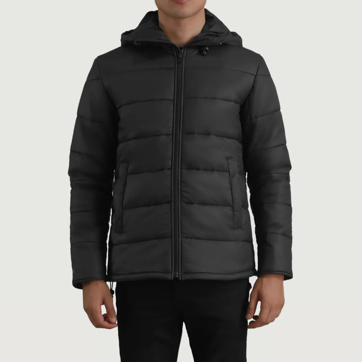 Erico ブラック Hooded Puffer レザージャケット メンズ in Black Full-Grain Leather - Front Profile View &amp; Tailored Silhouette | Buy Online