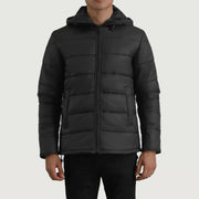 Erico ブラック Hooded Puffer レザージャケット メンズ in Black Full-Grain Leather - Front Profile View &amp; Tailored Silhouette | Buy Online