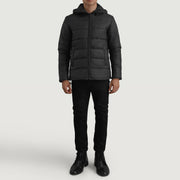 Erico ブラック Hooded Puffer レザージャケット メンズ - Lateral Side Profile View Showing Sleeve Cut &amp; Athletic Taper Fit