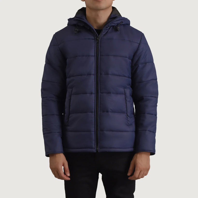 Erico ブルー Hooded Puffer レザージャケット メンズ