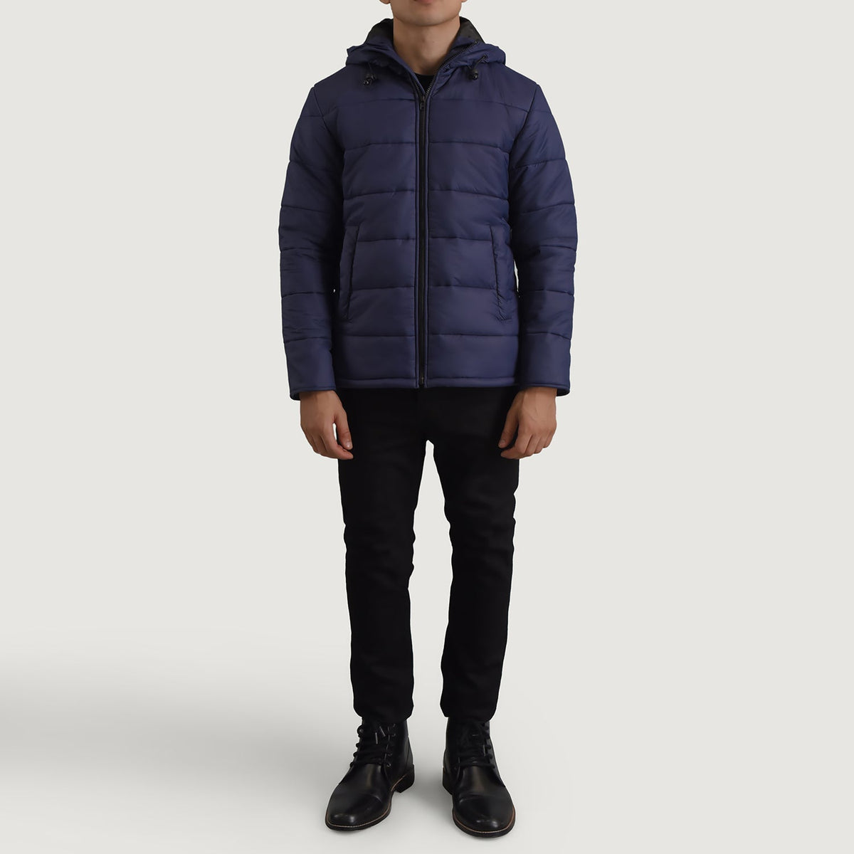 Erico ブルー Hooded Puffer レザージャケット メンズ - Lateral Side Profile View Showing Sleeve Cut &amp; Athletic Taper Fit