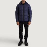 Erico ブルー Hooded Puffer レザージャケット メンズ - Lateral Side Profile View Showing Sleeve Cut &amp; Athletic Taper Fit