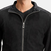 Close-Up Detail of High Neck &amp; Zipper Hardware on Men's Ethan Hybrid Suede レザーボンバージャケット メンズ