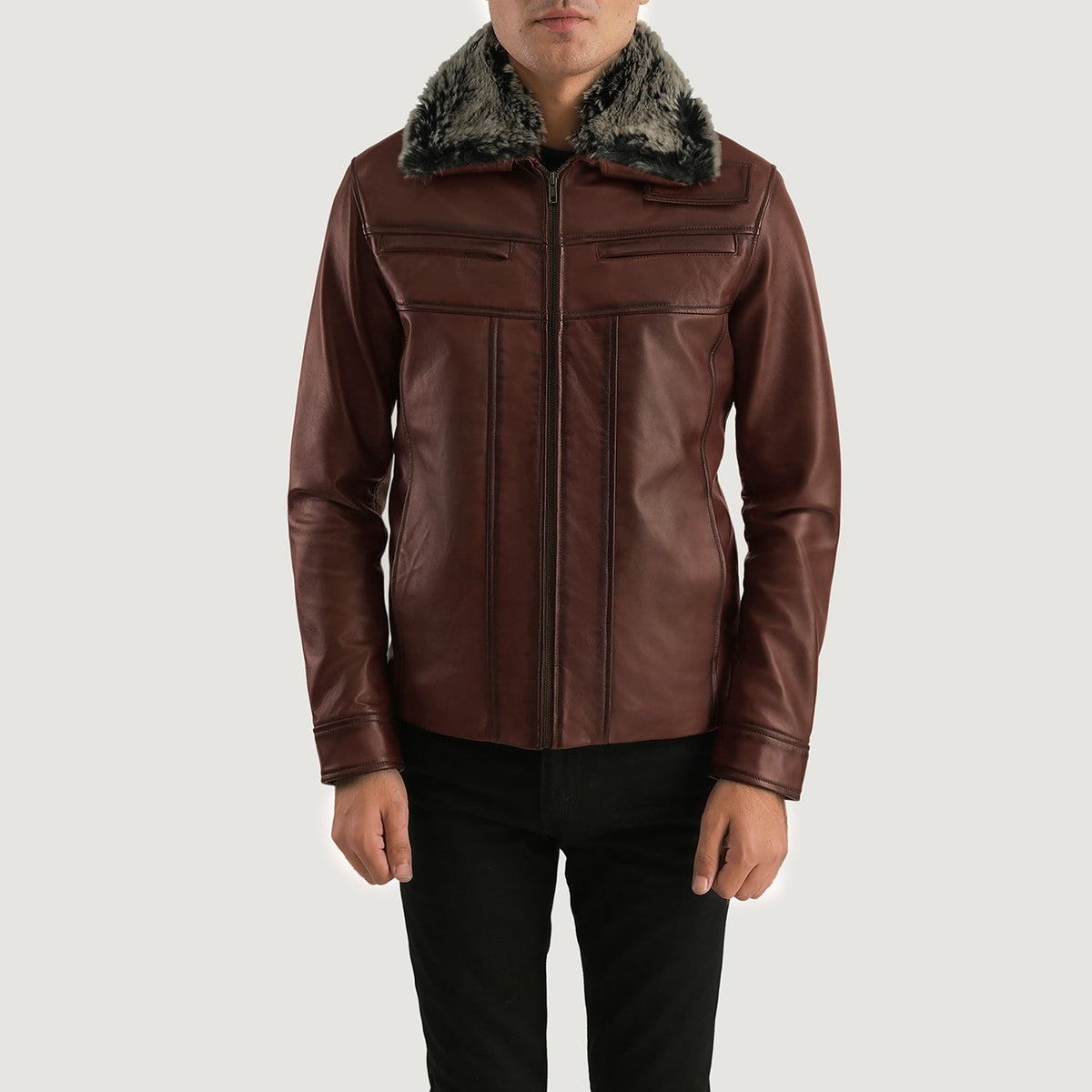 
Evan Hart Fur ブラウン レザージャケット メンズ in Distressed Brown Sheepskin Burnishing - 正面スタイル＆テーラードシルエット | 公式オンライン通販