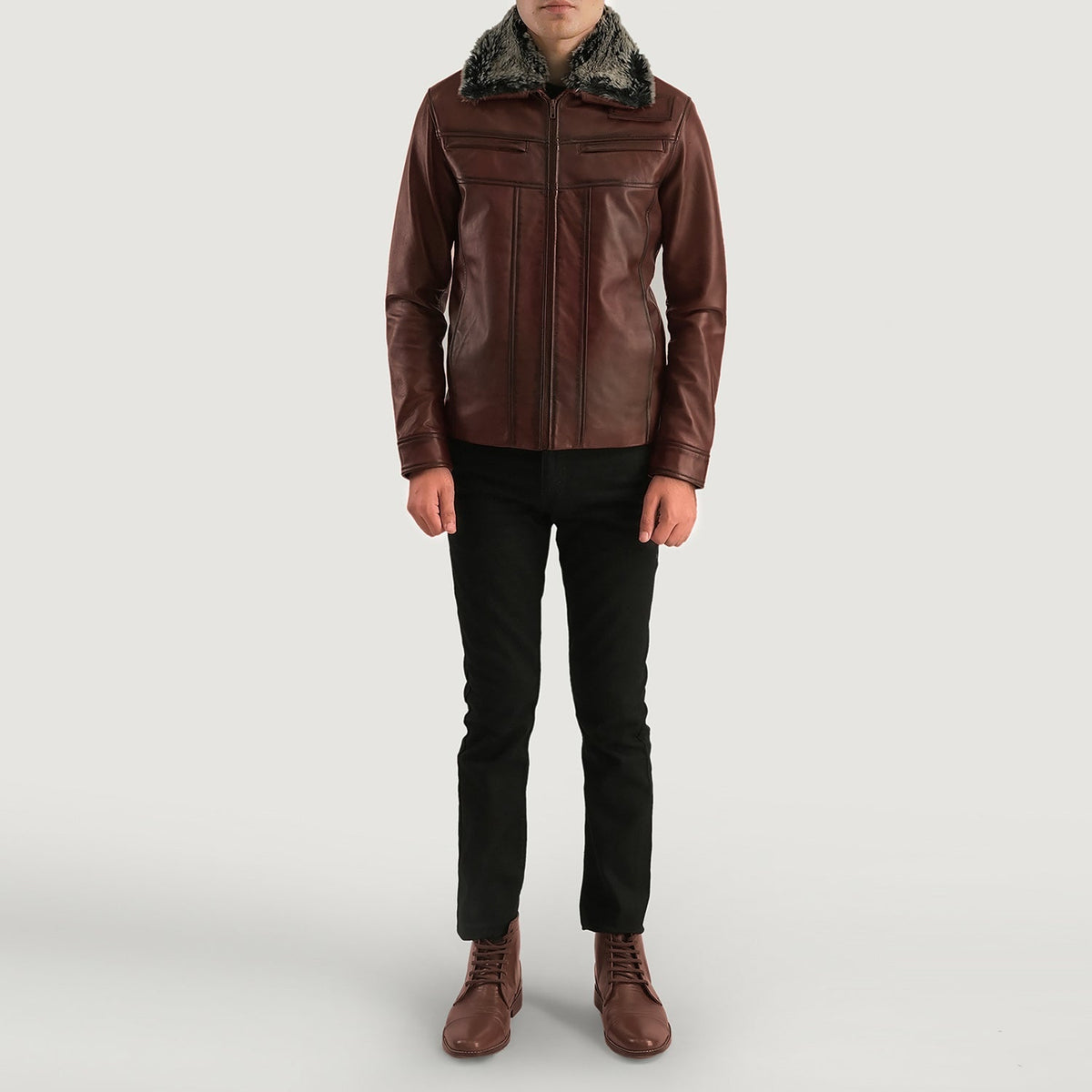 
シャツカラーとジッパー金具の接写ディテール Evan Hart Fur ブラウン レザージャケット メンズ