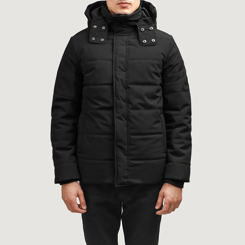 Exton ブラック Hooded Down Puffer レザージャケット メンズ