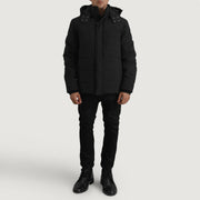 Close-Up Detail of Classic Collar & Zipper With Placket. Hardware on Exton Black Hooded Down Puffer Jacket