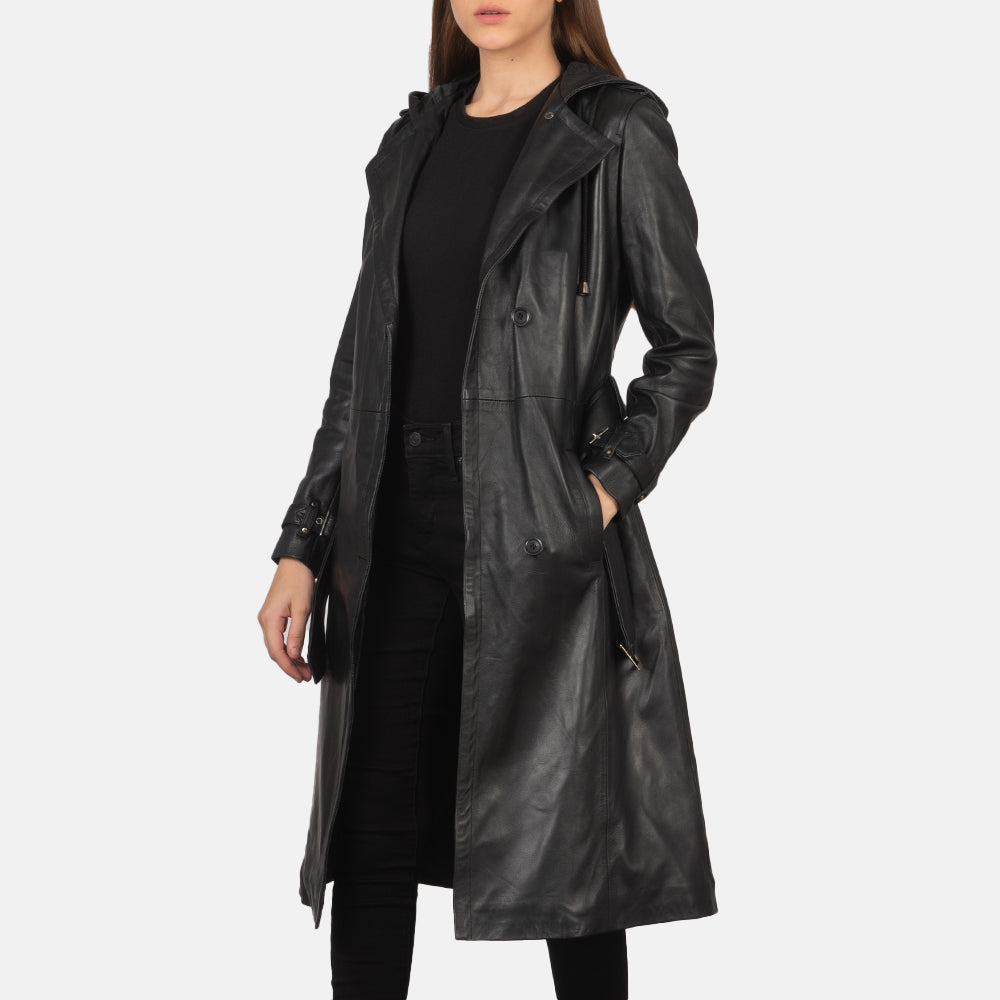 
Fixon Hooded ブラック レザートレンチコート レディース in Black Sheepskin Leather - 正面スタイル＆テーラードシルエット | 公式オンライン通販