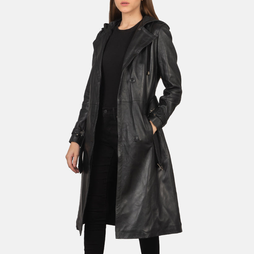 Fixon Hooded ブラック レザートレンチコート レディース