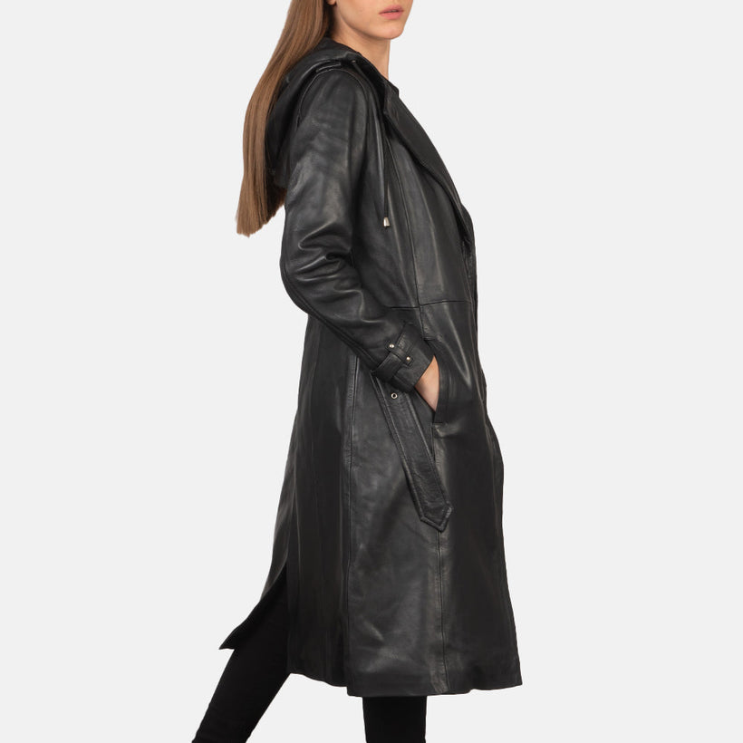 Fixon Hooded ブラック レザートレンチコート レディース