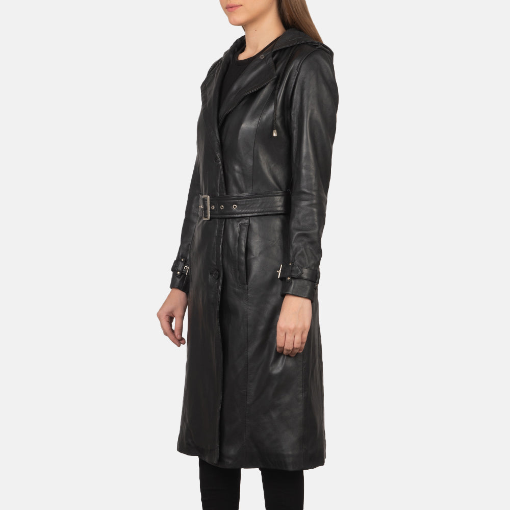 
クローズアップ詳細 of Hooded & Button + Belt Hardware on Fixon Hooded ブラック レザートレンチコート レディース